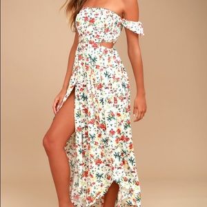 Lulu’s cream floral off the shoulder midi dress